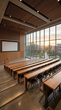 Empty modern lecture hall with wooden desks and large campus windows. Concept of classroom design, higher education, academic events and training space.