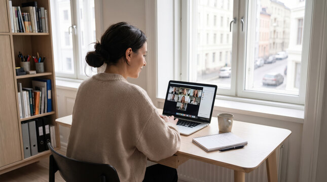Woman attending online class from home workspace with laptop video meeting. Concept of remote learning, distance education, virtual classroom and flexible study.