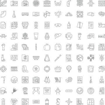 Collection of minimal stroke icons representing a wide range of subjects, including food, technology, nature, sports, business, and health, in a modern vector style