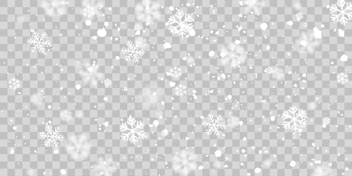 Realistic white winter snowfall.  Snowfall  flake, magic effect falling snowstorm illustration
