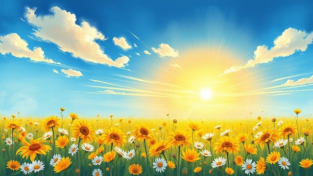 Vibrant watercolor illustration of a golden flower field with yellow blooms and white daisies beneath a radiant blue sky and glowing sun. Warm and uplifting summer meadow scene, perfect for nature bac