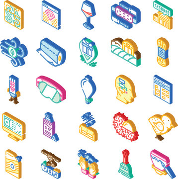 Set of isometric icons depicting diverse concepts including finance, environment, technology, safety, agricultural production, education, and crafting with vivid colors and a modern design