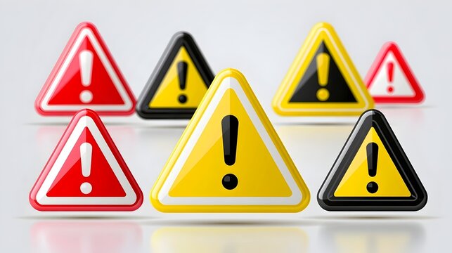 Warning triangle icon set illustration, red yellow and black exclamation caution signs for hazard alert, safety notice, risk prevention, emergency symbol. Warning and alert icon collection. 