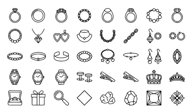 Minimal Black White Jewelry Outline Icons Collection for Luxury Fashion and Accessories
