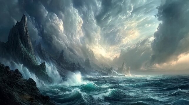 Dramatic ocean storm, rocky coast, fantasy landscape, game background