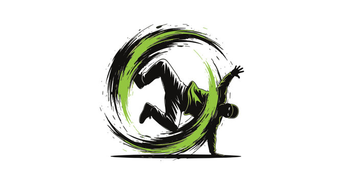 Breakdancer silhouette vector performing windmill power move with dynamic neon green and black circular paint brushstrokes and splatters on white background for hip hop design.