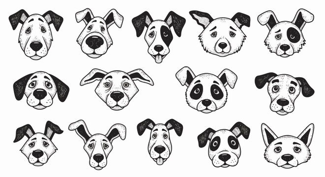 Collection of hand-drawn quirky dog face illustrations in black ink line art style on white background, featuring various breeds with expressive and irregular facial features.