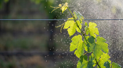 Obraz premium Spray water conservation drought vineyard leaf sunlit green plant irrigation mist drop. Lawn garden yard irrigation system. sprinkler dripped, wet grass moisture