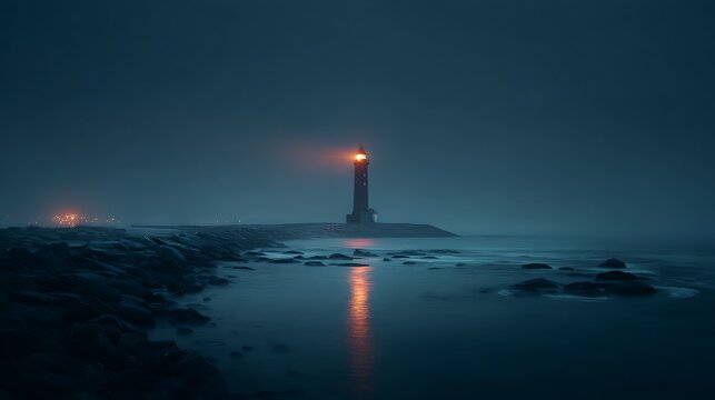 Glowing lighthouse shining at night with reflection on calm dark ocean water