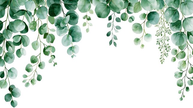Watercolor frame with green eucalyptus leaves and branches. Greenery clipart for wedding invitation, greeting cards, save the date, stationery design. Hand drawn illustration. Stock Illustration