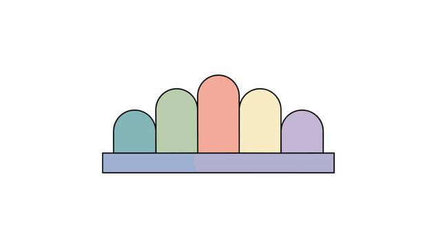 Colorful geometric illustration featuring five rounded arch columns in pastel shades standing on a blue bar.