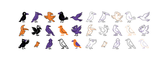 Obraz premium Collection of bird icons in various colors. Set of bird illustrations and silhouettes. Vector graphic design elements.