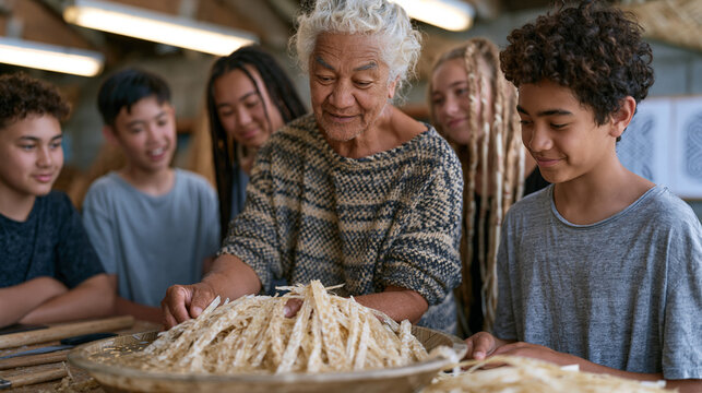 Maori weaving instructor demonstrating harakeke flax preparation with a small group of urban youth at a city community center, flax strips soaking in a shallow basin on the
