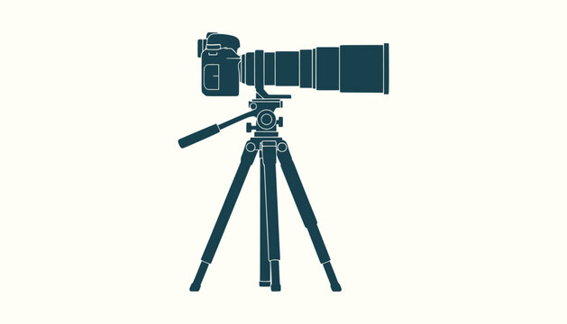 Professional DSLR Camera with Large Telephoto Zoom Lens Mounted on Tripod Silhouette Illustration