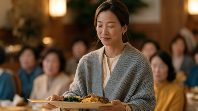 Korean nutritionist using oversized laminated plate model to demonstrate visual portion size guide during community health fair, warm indoor lighting, audience of middle aged
