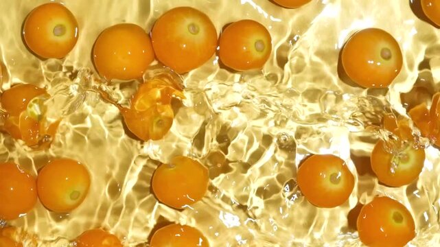 Fresh physalis berries in water splash for refreshing food concept, slow motion.