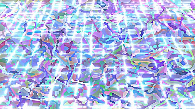 Colorful abstract mosaic texture featuring shiny cross lens flares and pastel holographic patterns. Great for trendy backgrounds and artistic visual overlays.
