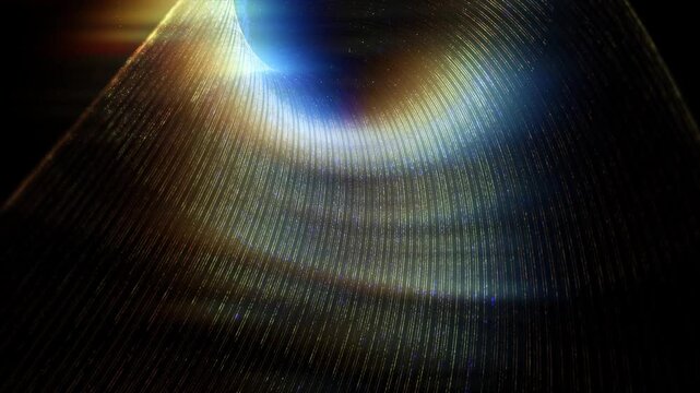 Stunning space vortex featuring millions of golden glowing particles curved towards a brilliant blue celestial light. Perfect for sci-fi and cinematic projects.