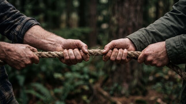 Two people pulling a thick rope in a tug of war game