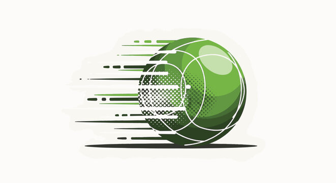 Vector illustration of a green bocce ball in fast motion with white speed lines and halftone patterns on a white background, representing competitive lawn bowling and outdoor sports.