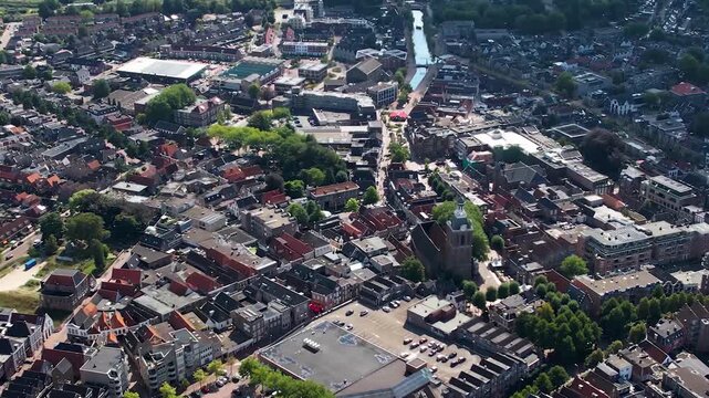 A panoramic aerial view beside the old harbor town Meppel in the netherlands on a sunny late summer day