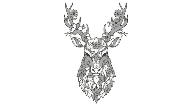 Black and white vector illustration of a mystical kirin head featuring intricate antlers adorned with floral blossoms and layered mandala patterns, isolated on a white background.