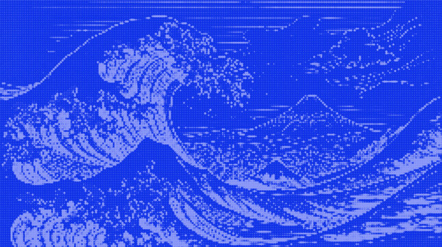 Blue halftone pixel art of the great wave off kanagawa retro dithered dot matrix style