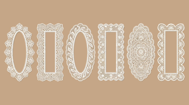 Vintage lace frames and borders set, elegant white crochet doily vector collection, ornate filigree oval and rectangle frames for wedding invitations