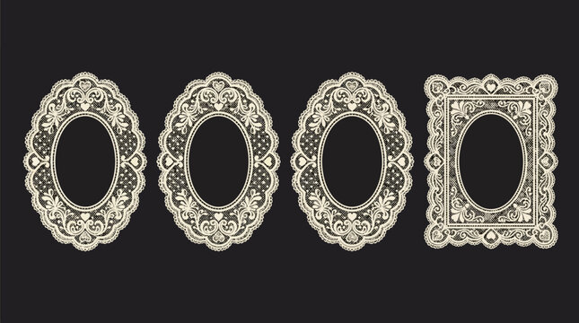 Vintage ornate lace frames set, elegant white filigree borders on black background, 4 decorative oval and rectangular vector frames for wedding invitations