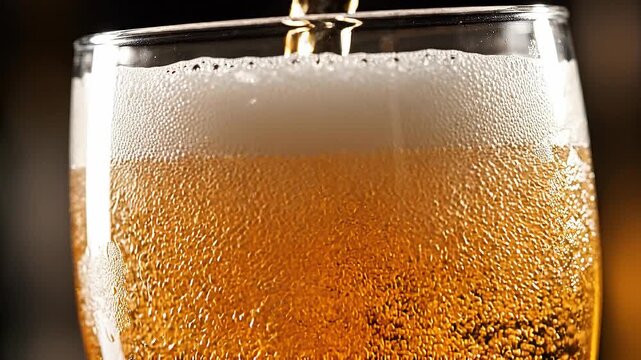 Close up of golden beer pouring into a glass with foam bubbles and condensation on glass surface
