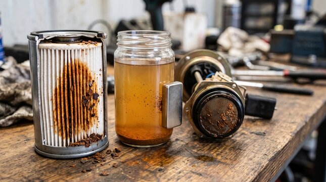 Dirty fuel filter inspection with rust particles and contaminated diesel in glass jar on workshop workbench. Highlighting fuel system failure diagnosis and auto maintenance concept.