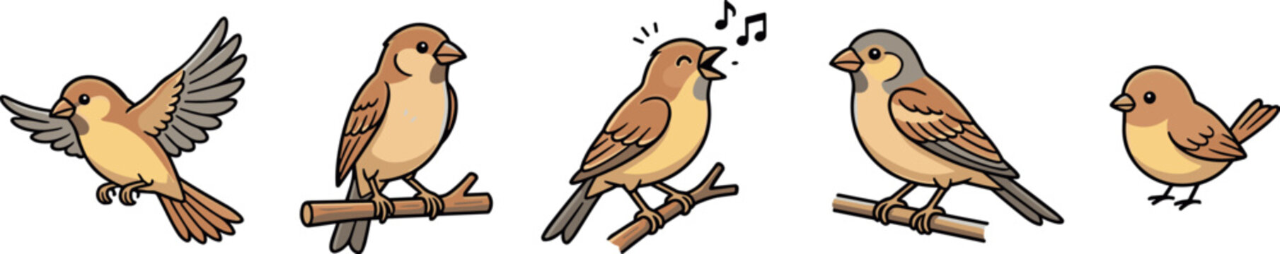 Cute cartoon sparrows in various poses and actions including flying, perching, and singing, depicted in a charming illustration style.