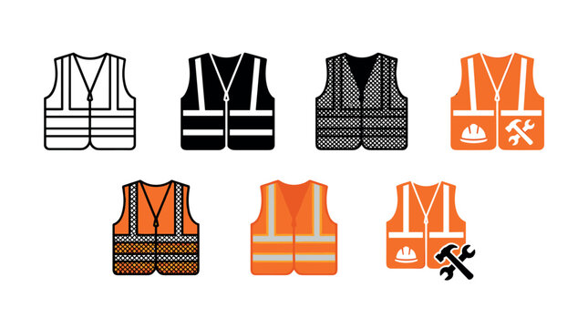 Safety vests collection featuring different styles and colors of protective high-visibility workwear for construction and industrial workers.