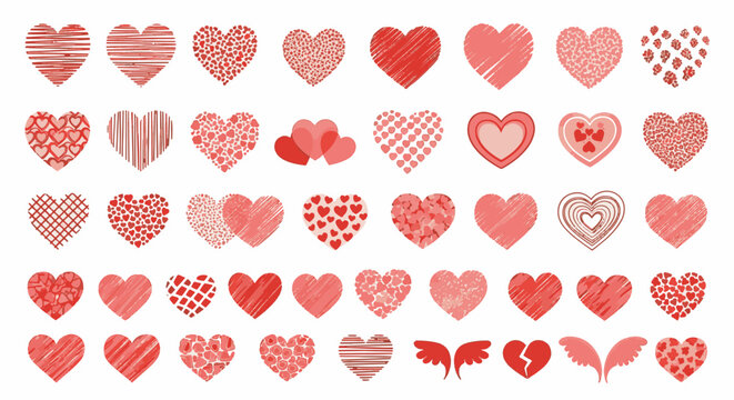 Large collection of various red and pink heart vector icons featuring diverse patterns, textures, and designs including cross-hatching, leopard print, broken hearts, and wings.