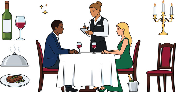 Romantic Couple Fine Dining Restaurant Scene Vector Illustration Set Featuring Waitress Taking Order Wine Bottle Steak Cloche Candelabra and Chair Isolated Icons