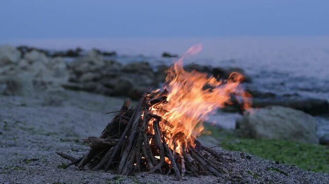Bonfire burning on a rocky sea beach at dusk