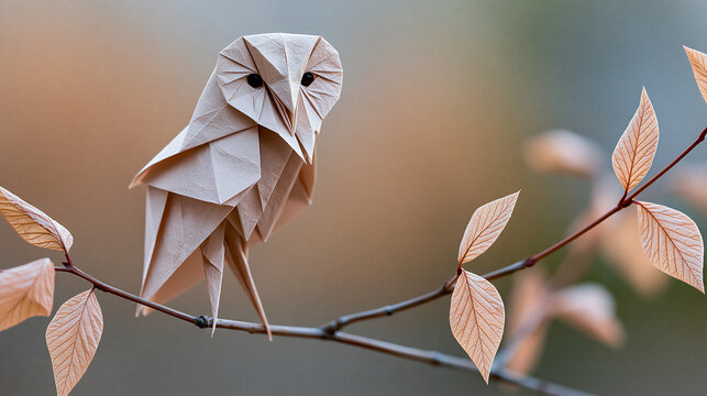 Delicate origami owl perched on thin branch against softly blurred background with warm neutral tones, creative paper art concept, artistic photography, blurred warm neutral