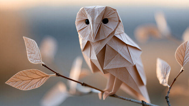 Delicate origami owl perched on thin branch against softly blurred background with warm neutral tones, creative paper art concept, artistic photography, blurred warm neutral