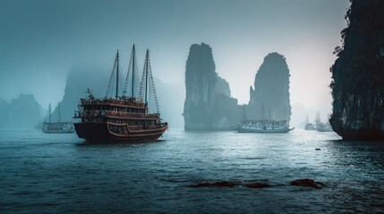 Obraz premium Sailboat navigating misty waters near towering rock formations during daylight