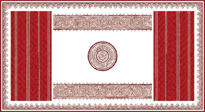 Traditional ornate pattern design with circular mandala center and decorative red and white geometric borders circular decorative geometric traditional
