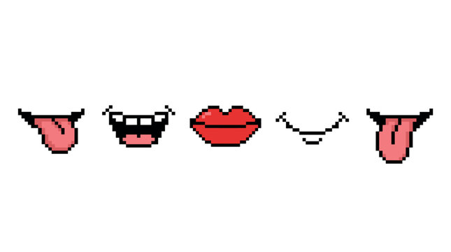 Pixel art mouths displaying various expressions, including playful tongue sticking out, wide open with teeth, and classic red lips, in a retro 8-bit style.