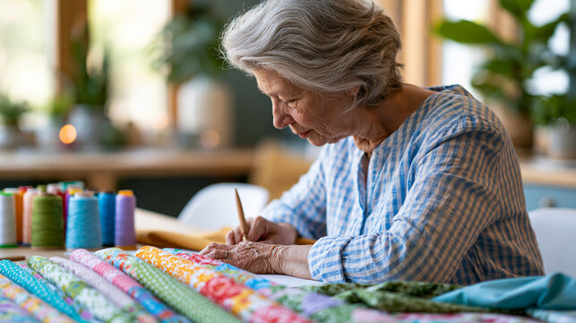 Faceless senior woman working on craft project at dining table in warmly lit home surrounded by colorful fabric and thread, mature creative hobby concept, lifestyle photography,