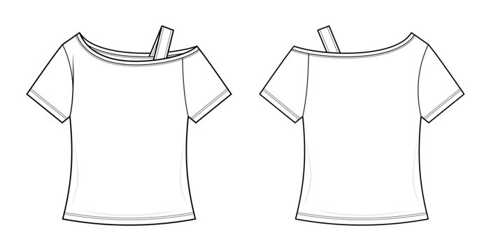 One Shoulder Asymmetric Top with Strap for Women Technical Fashion Flat Sketch CAD Vector Template. Front and Back View Blank T-Shirt Mockup Design.