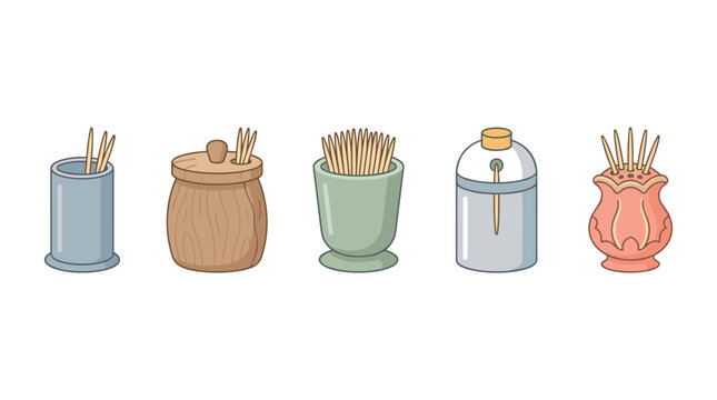 Various toothpick holders filled with wooden toothpicks displayed together, showcasing different designs and materials in a clean, illustrative style.