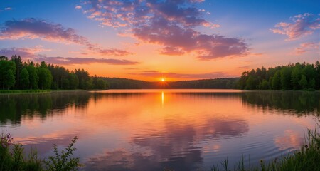 Obraz premium Beautiful summer sunrise over lake - Panorama 