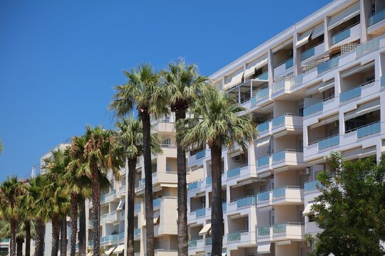 Architecture of Vlora, Albania. Street view of typical holiday rentals apartment building with balconies. Holiday rental studios building.