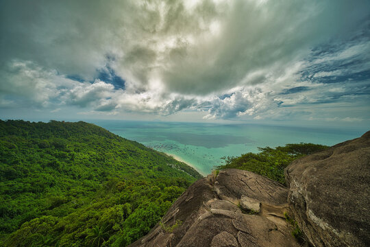 Panoramic top view of Hon Son Island from the summit of Ma Thien Lanh mountain, Kien Giang, Vietnam.
