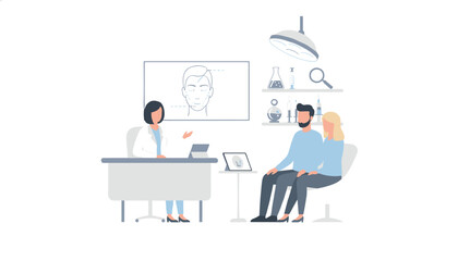 Fototapeta premium Female doctor explains a facial treatment diagram to a young couple in a modern medical office setting.