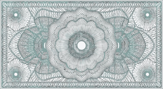 Pale teal blue guilloche pattern with intricate circular rosettes and geometric line art borders for security documents like banknotes, diplomas, certificates, and official vouchers.