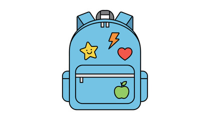 Fototapeta premium Cute blue school backpack with colorful patches of a happy star, lightning bolt, heart, and green apple on a white background.